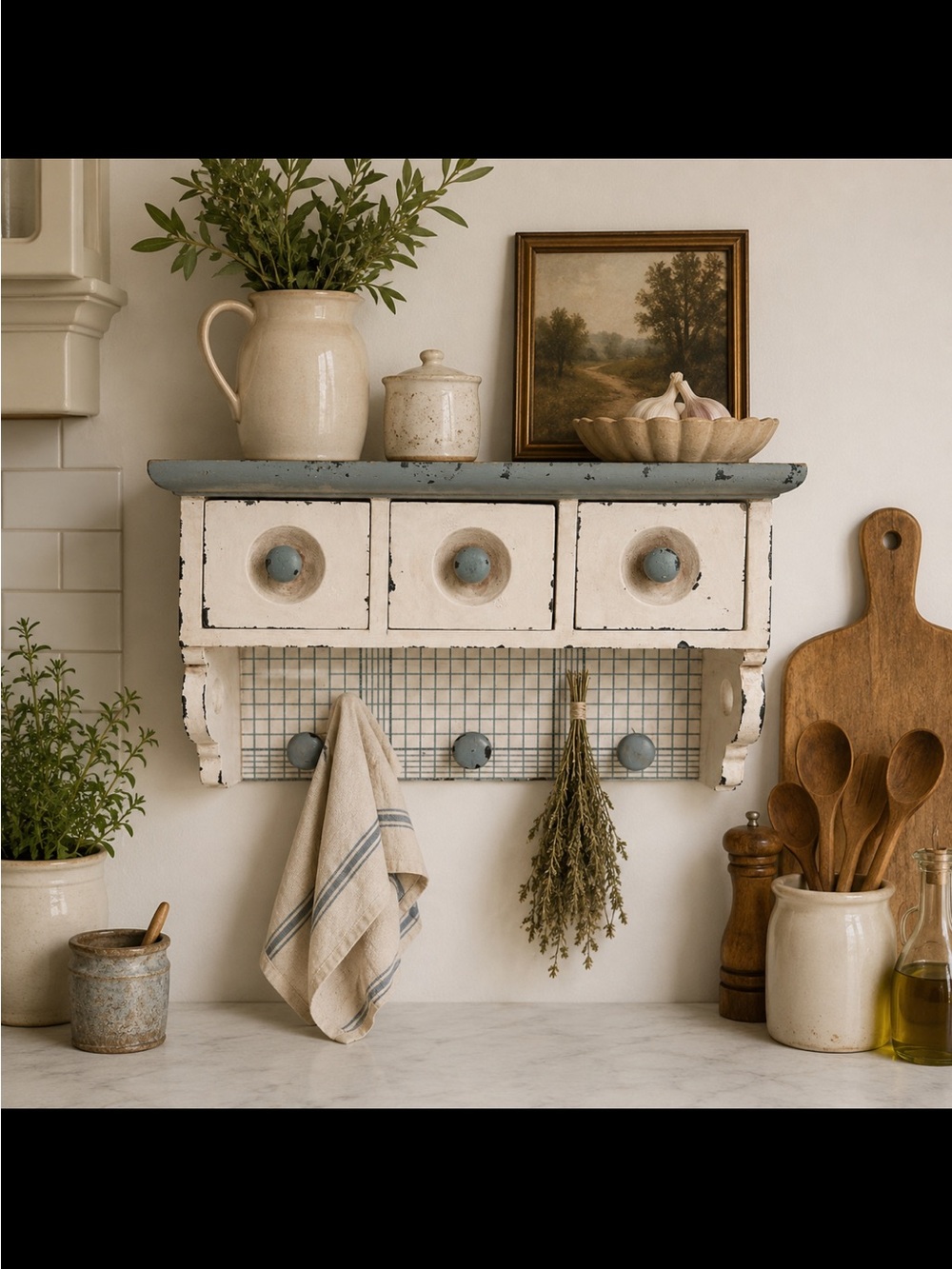 Rustic Shabby Wall Shelf w/ Light Blue Accents 3 drawer 3 peg hang cottage core